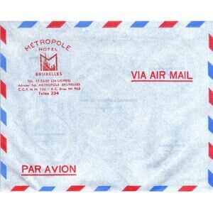 1960s Hotel Metropole Bruxelles Empty Unused Air Mail Envelope AF7-E10